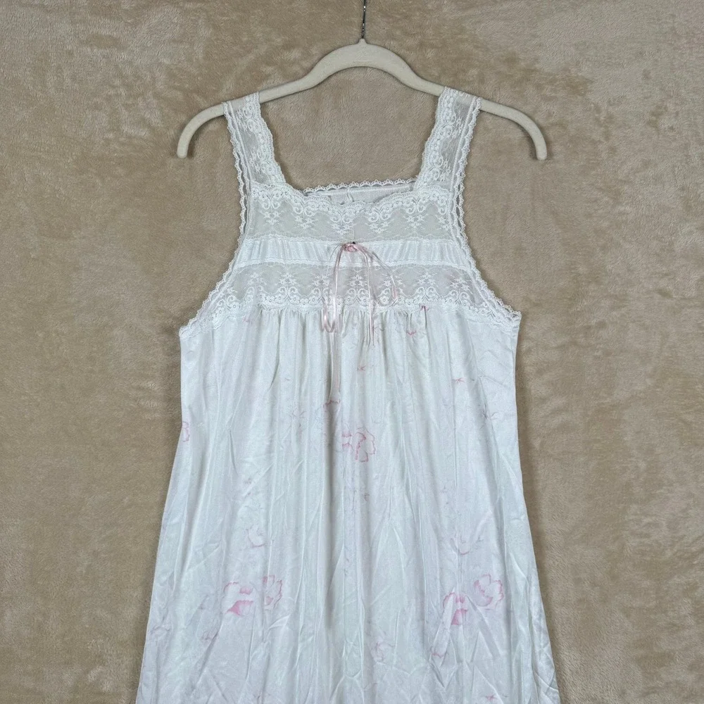 Vintage Deena White Pink Floral‎ Lace Trim Nylon Nightgown Sleep Dress Medium